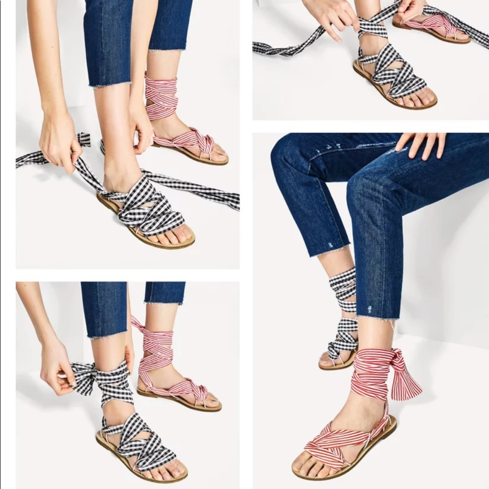 NWT Zara gingham and stripe wrap sandals